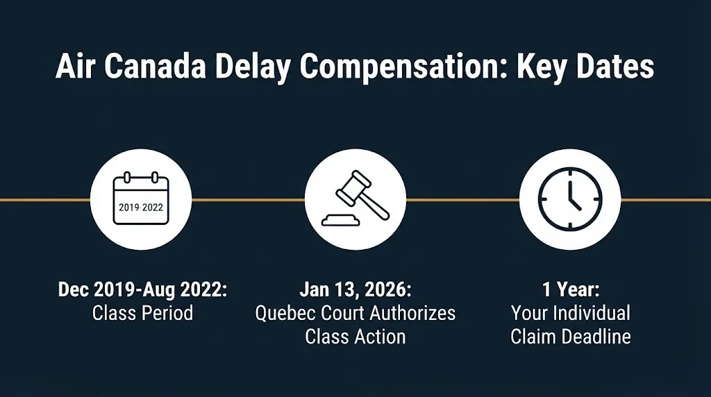 Timeline graphic showing key dates in the Air Canada delay compensation class action and individual claim deadline.