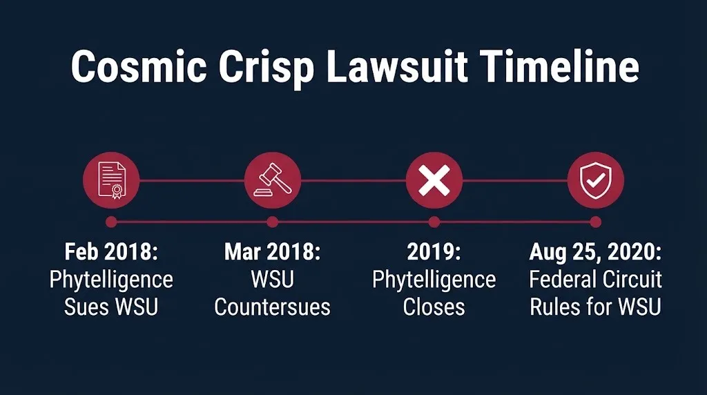 Timeline graphic showing key dates in the Cosmic Crisp apple lawsuit between WSU and Phytelligence through 2020.
