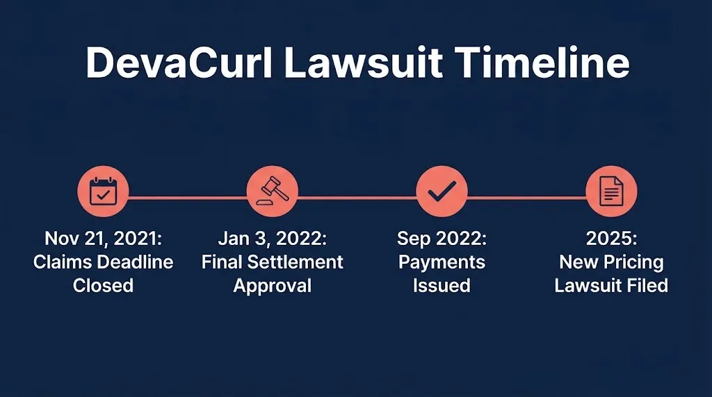 Timeline graphic showing key dates in the DevaCurl lawsuit from the 2021 settlement to the 2025 case.