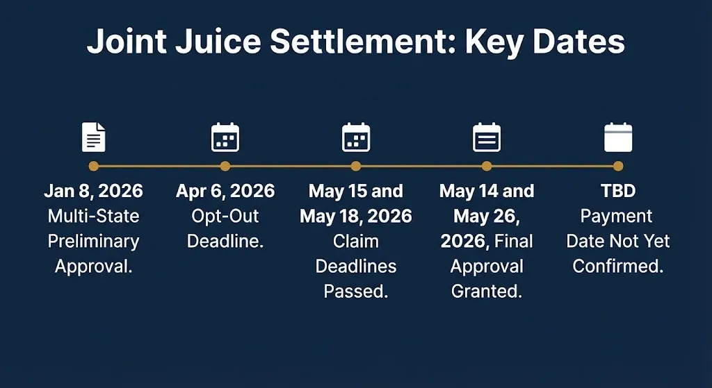 Timeline graphic showing key dates in the Joint Juice lawsuit settlement approval and passed claim deadlines.
