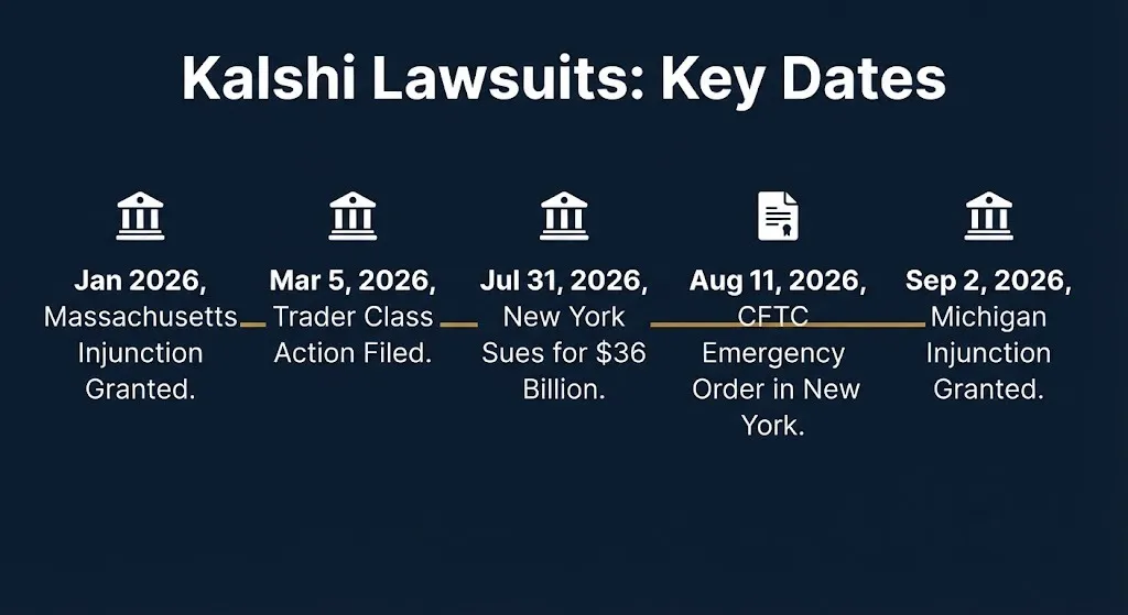 Timeline graphic showing key dates in the Kalshi lawsuit across New York, Michigan, and other states in 2026.