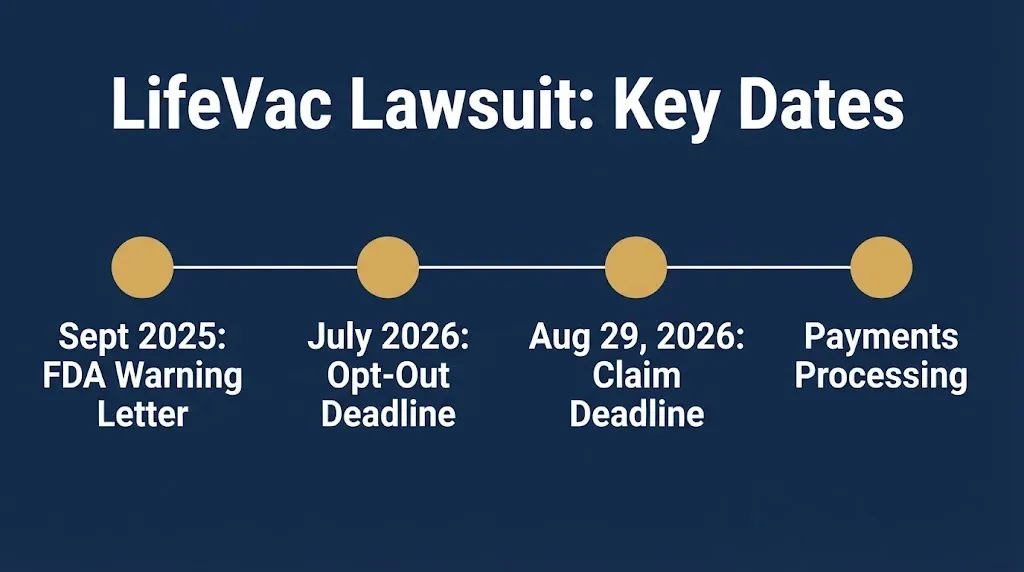 Timeline graphic showing key dates in the LifeVac lawsuit settlement and FDA actions.
