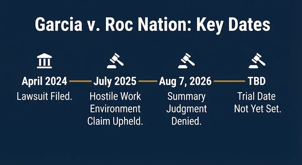 Timeline graphic showing key dates in the Megan Thee Stallion lawsuit filed by former cameraman Emilio Garcia.