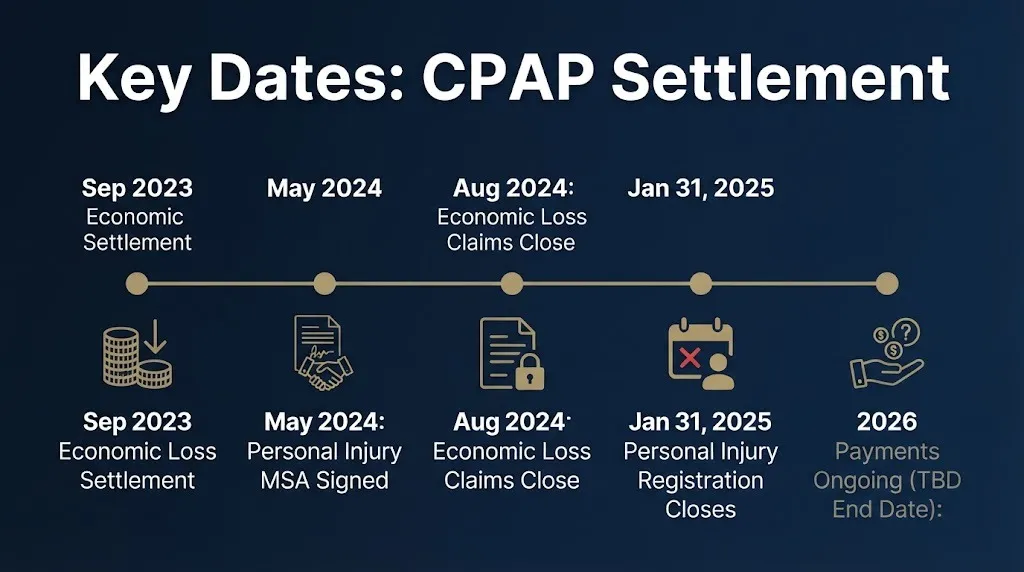 Timeline graphic showing key dates in the Philips CPAP lawsuit settlement from 2023 through 2026.