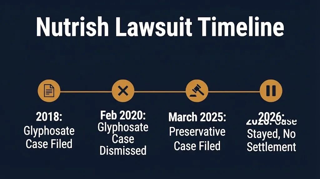 Timeline graphic showing key dates in the Rachael Ray Nutrish dog food lawsuit history through 2026.