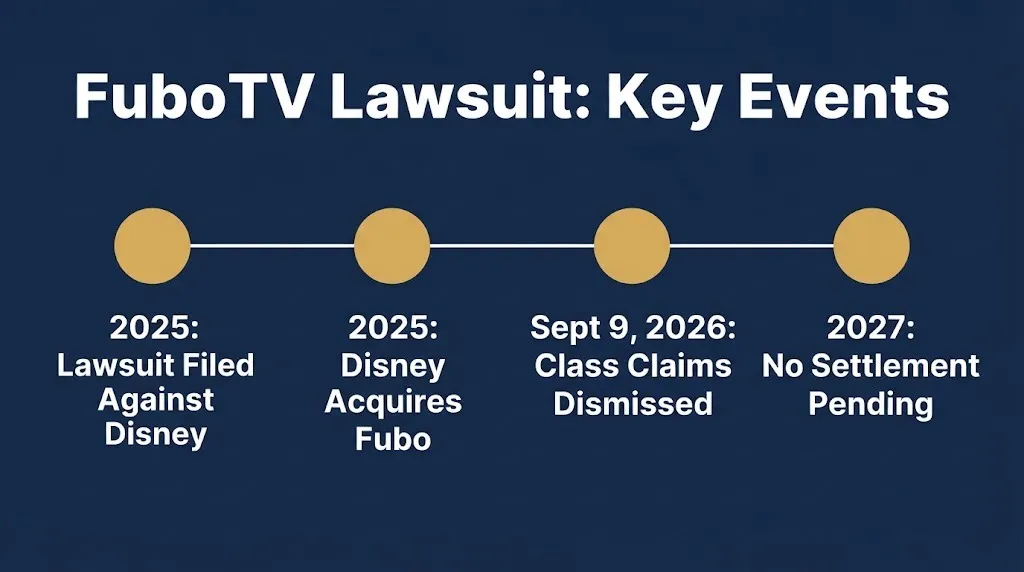 Timeline graphic showing key events in the FuboTV lawsuit against Disney.