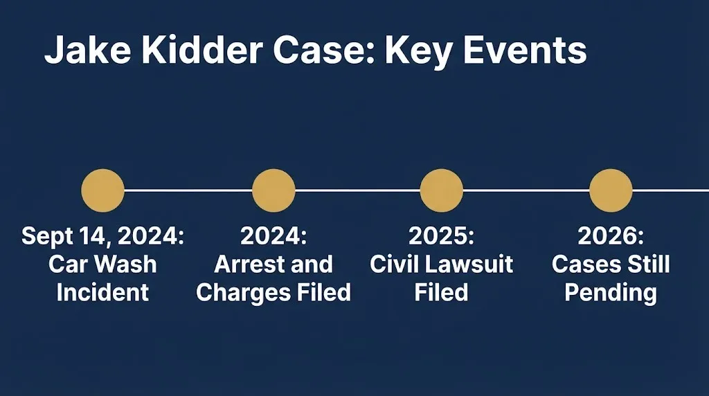 Timeline graphic showing key events in the Jake Kidder lawsuit and criminal case.