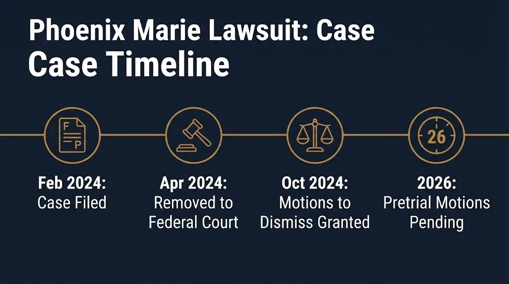 Timeline graphic showing key filing dates and court rulings in the Phoenix Marie lawsuit through 2026.