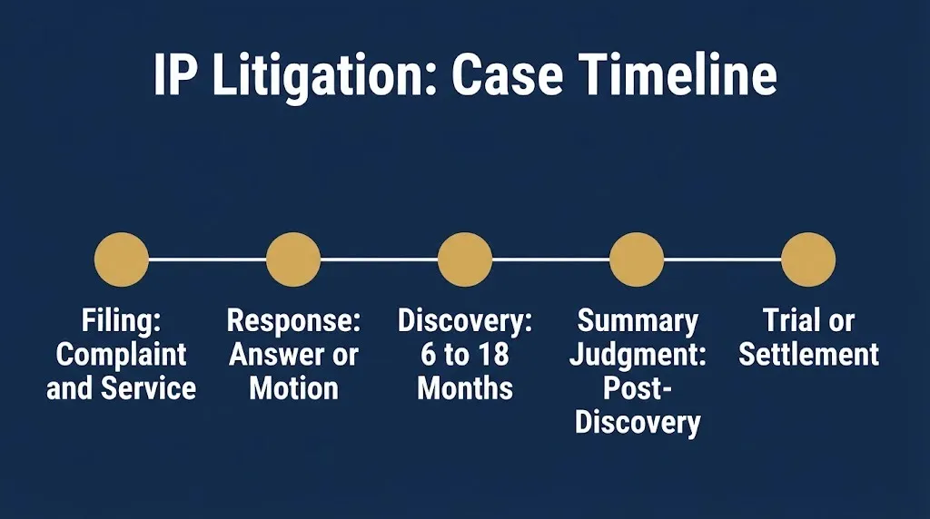 Timeline graphic showing the stages of IP litigation from filing to trial.