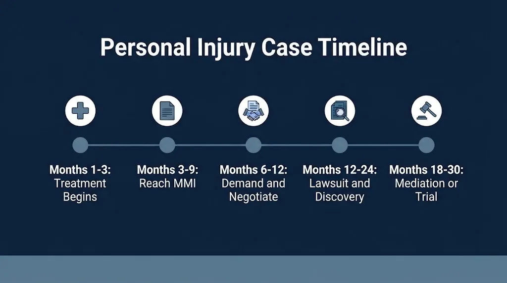 Timeline graphic showing the typical stages and duration of a personal injury lawsuit in 2026.