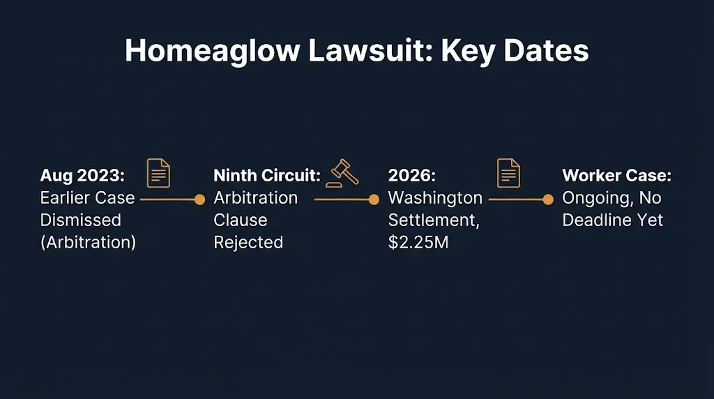 Timeline graphic shows key Homeaglow lawsuit dates including the confirmed 2026 Washington settlement.