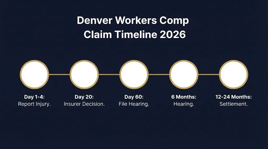 Timeline infographic showing five key dates in a Denver workers compensation claim from injury report to settlement.