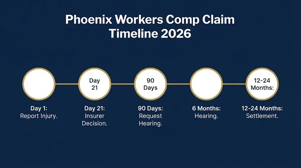 Timeline infographic showing five key dates in a Phoenix workers compensation claim from injury report to settlement.