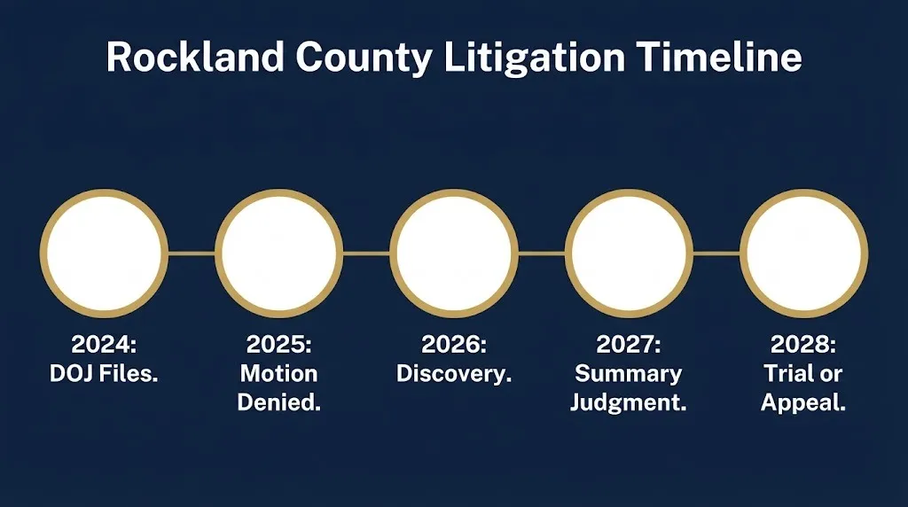 Timeline infographic showing key dates in Rockland County lawsuits from 2024 through 2028.