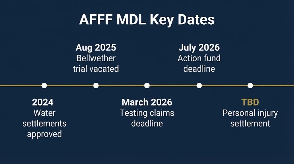 Timeline of AFFF MDL key dates from 2024 water settlements to pending personal injury resolution.