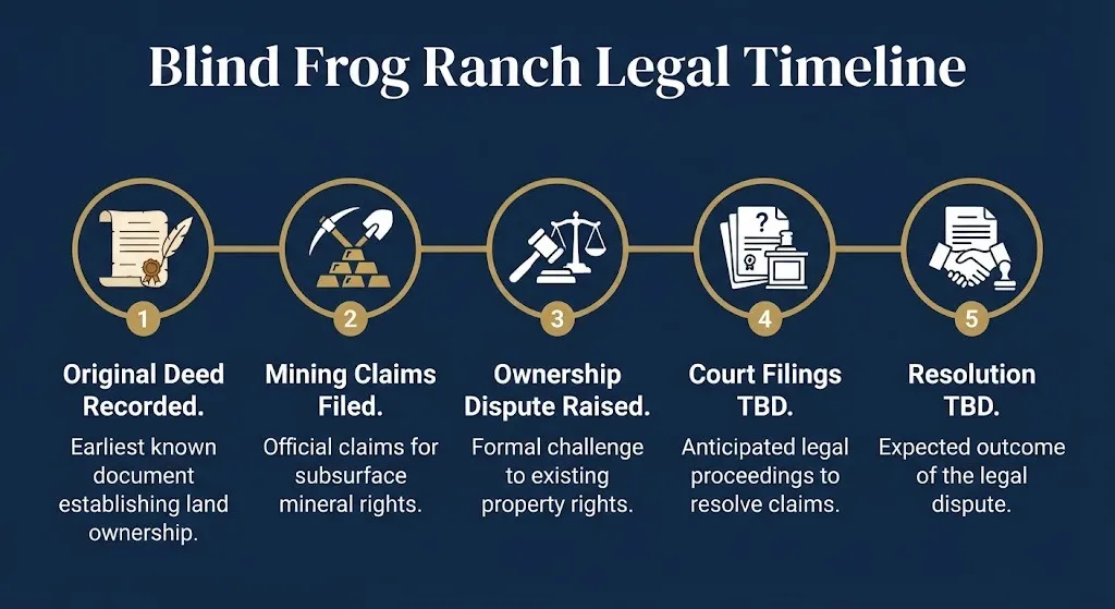 Timeline of Blind Frog Ranch legal dispute showing deed recording, mining claims, ownership dispute, and pending court resolution.