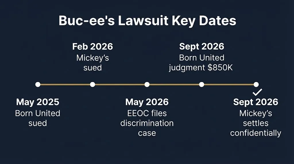 Timeline of Buc-ee's lawsuits from 2025 to 2026 including settlements and the $850,000 judgment.