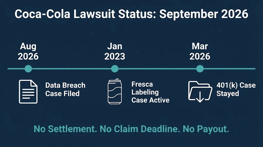 Timeline of Coca-Cola lawsuit status in 2026 showing three active cases with no settlement or deadline