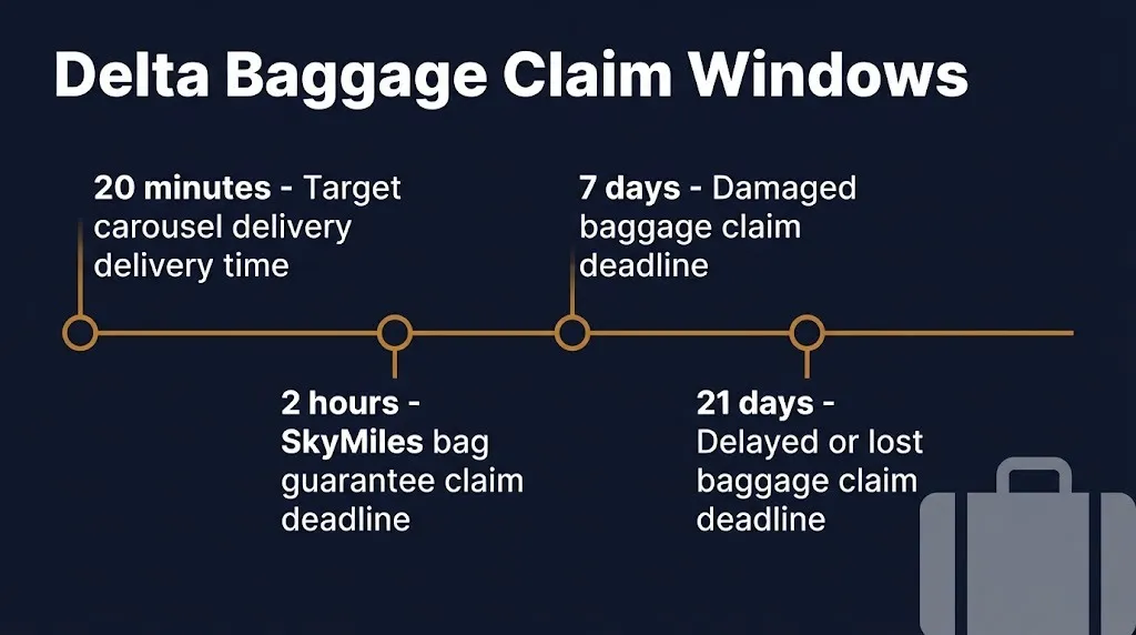 Timeline of Delta delayed baggage compensation deadlines from a 20-minute target to a 21-day claim window.