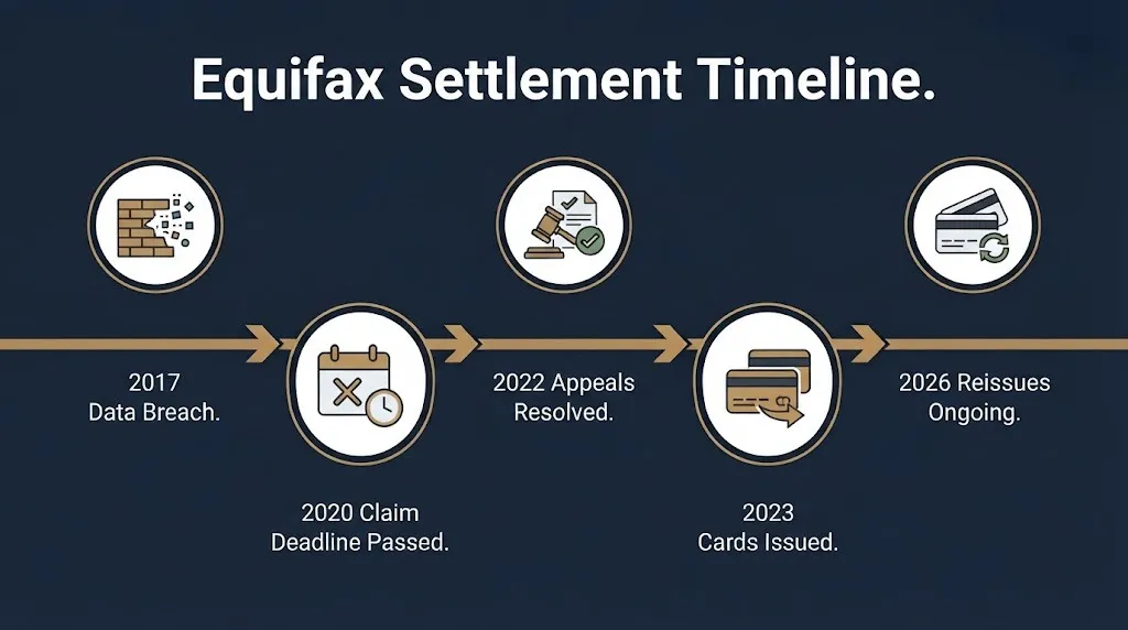 Timeline of Equifax settlement showing breach, claim deadline, appeals, card issuance, and 2026 reissues.