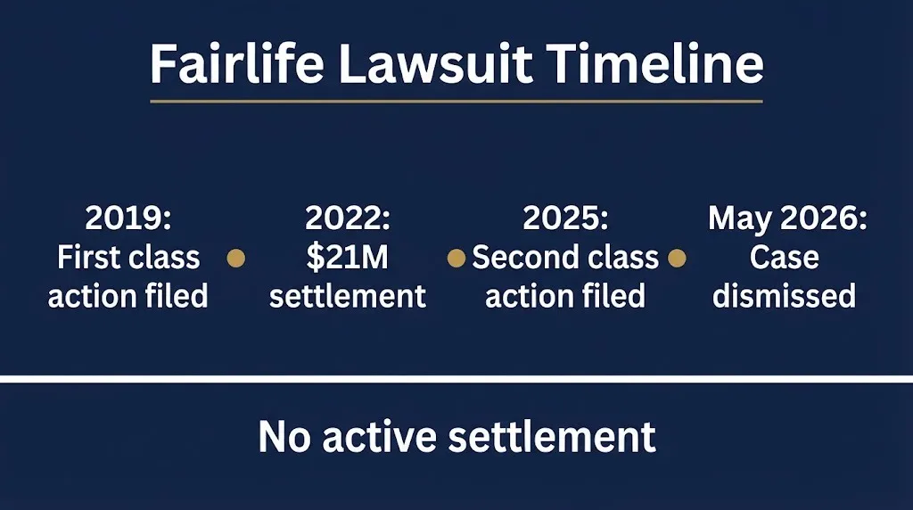 Timeline of Fairlife lawsuit milestones from 2019 through 2026 dismissal with no active settlement.