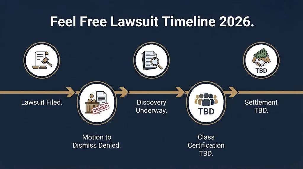 Timeline of Feel Free lawsuit showing filing, motion rulings, discovery, and pending certification and settlement stages.