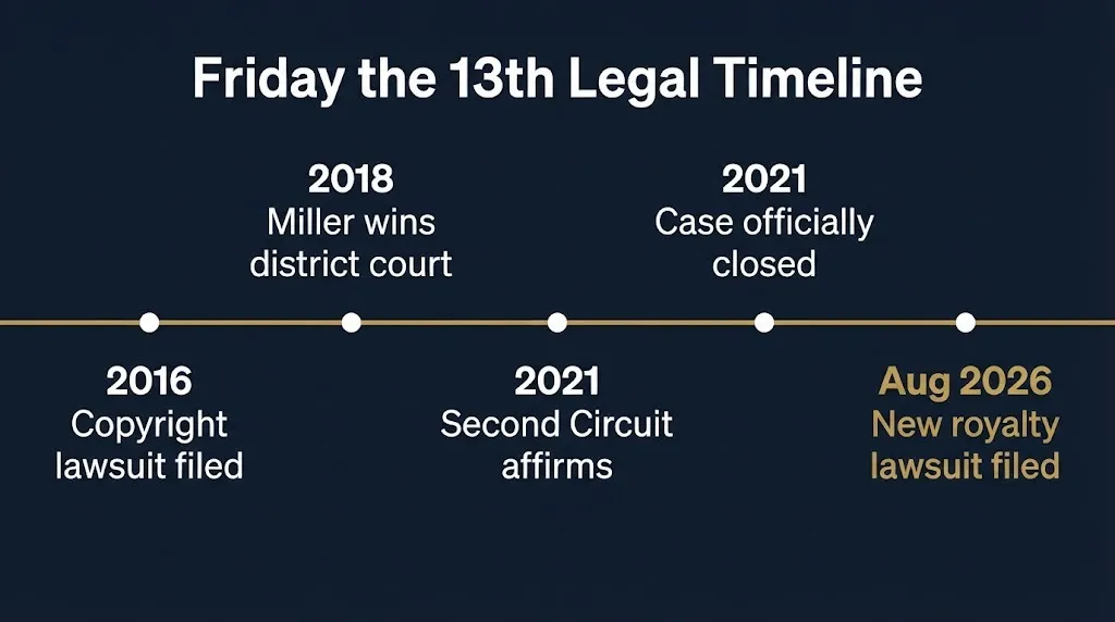 Timeline of Friday the 13th lawsuits from the 2016 copyright case to the 2026 royalty dispute.