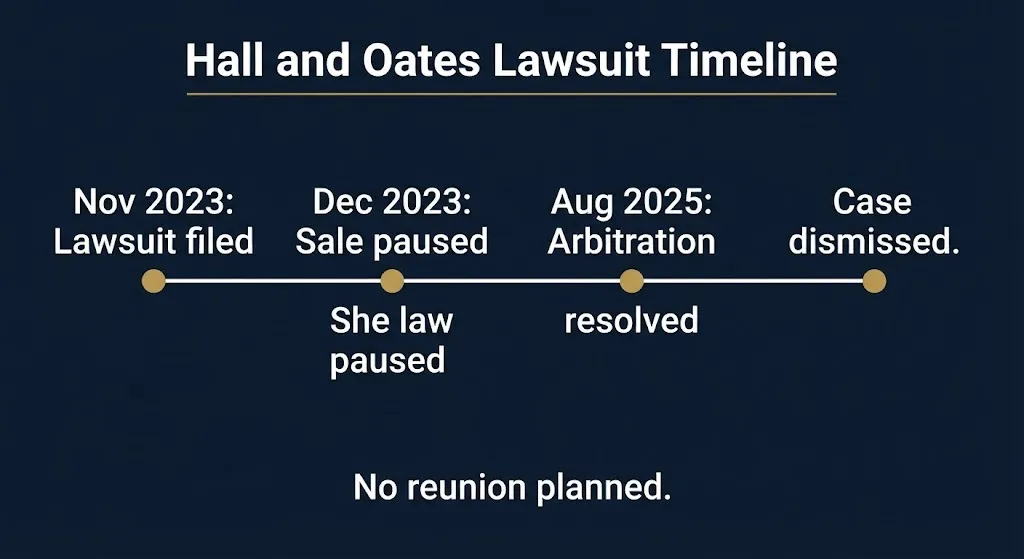 Timeline of Hall and Oates lawsuit from 2023 filing through 2025 arbitration resolution and dismissal.