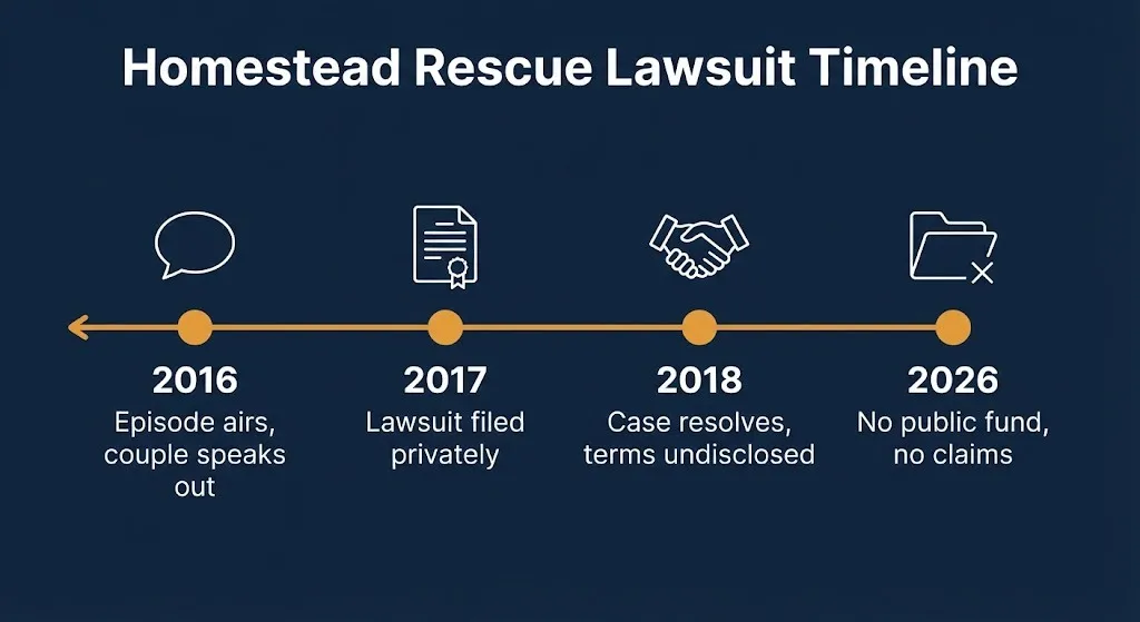 Timeline of Homestead Rescue lawsuit from 2016 episode to 2026 showing no public settlement fund.