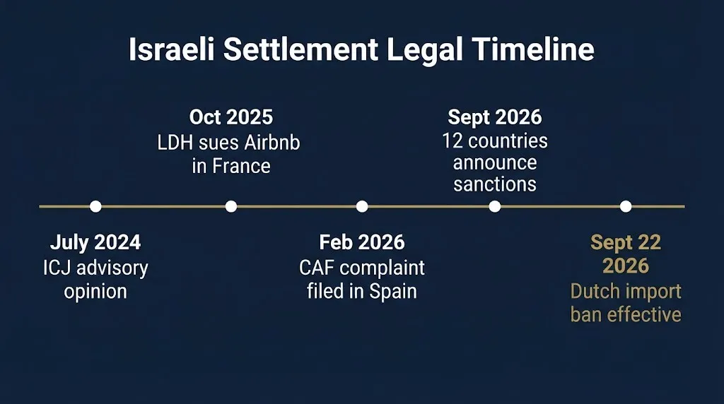 Timeline of Israeli settlement legal actions from 2024 ICJ ruling to 2026 Dutch import ban.