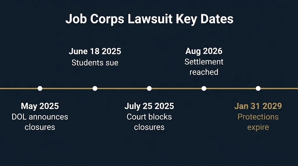 Timeline of Job Corps lawsuit from 2025 closures to 2026 settlement and 2029 protection deadline.