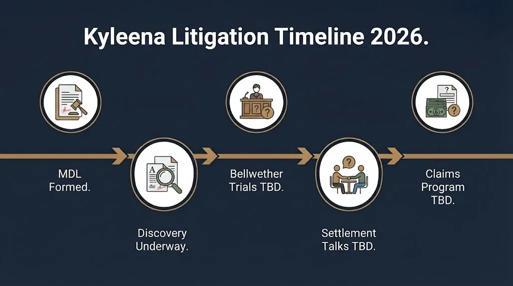 Timeline of Kyleena litigation showing MDL formation, discovery, and pending bellwether trials and settlement stages.
