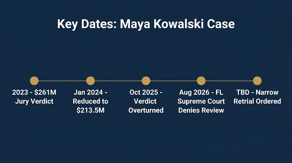 Timeline of Maya Kowalski case milestones from 2023 verdict to 2026 Florida Supreme Court denial.