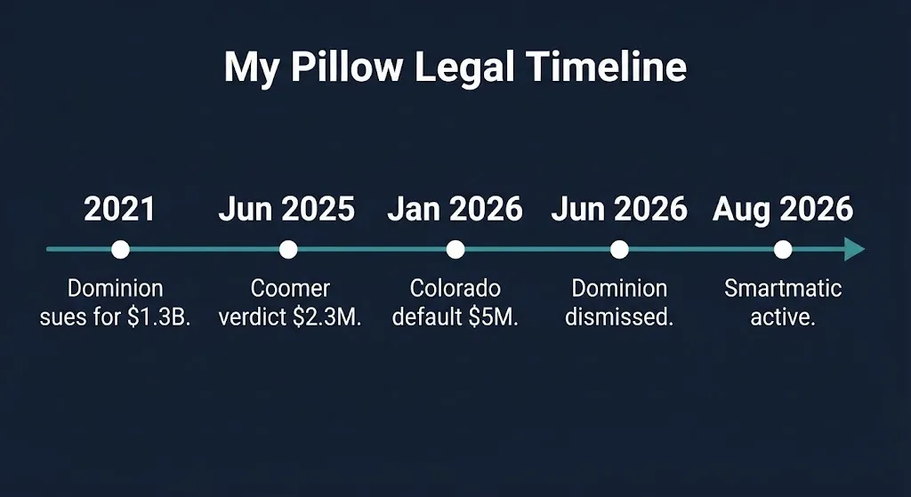 Timeline of My Pillow lawsuits from 2021 Dominion suit to 2026 settlement and active cases