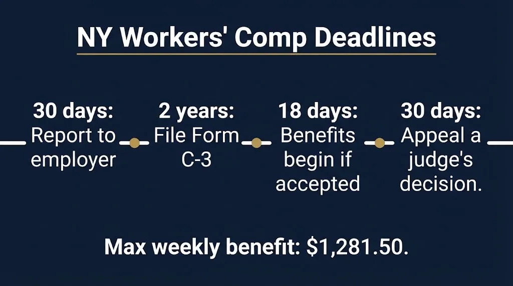 Timeline of New York workers' compensation deadlines including 30-day reporting and 2-year filing rules.