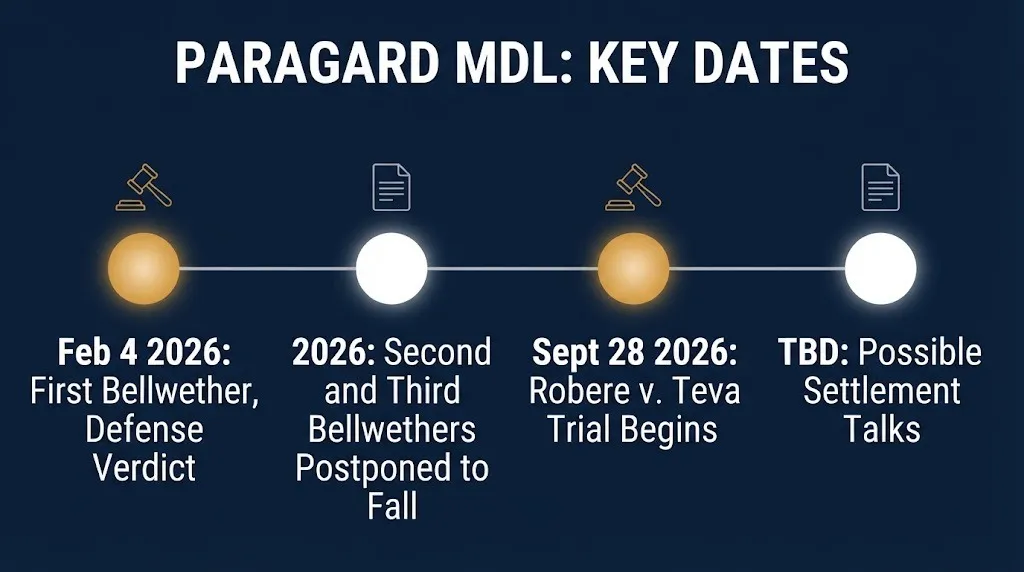 Timeline of Paragard IUD lawsuit bellwether trial dates and settlement status through September 2026.