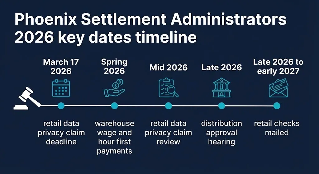 Timeline of Phoenix Settlement Administrators 2026 key dates from claim deadline through payment mailing.