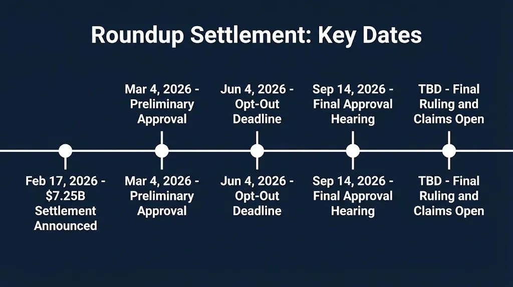 Timeline of Roundup settlement key dates including February 2026 announcement and September 2026.