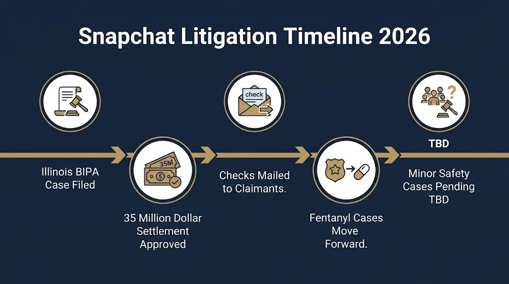 Timeline of Snapchat litigation showing Illinois settlement approval, mailed checks, and pending fentanyl and minor safety cases.