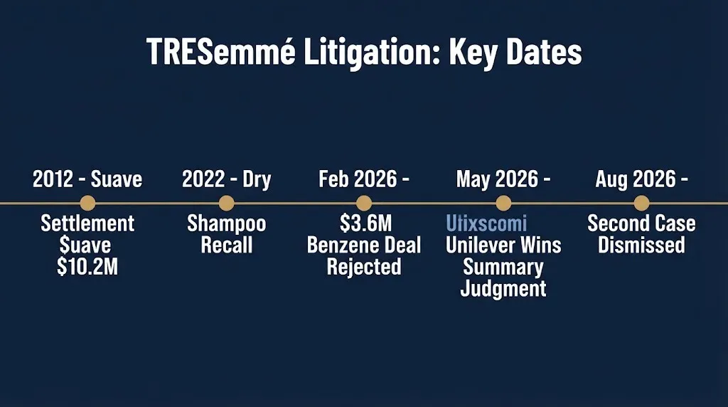 Timeline of TRESemmé litigation milestones including 2026 benzene settlement rejection and Unilever court wins.