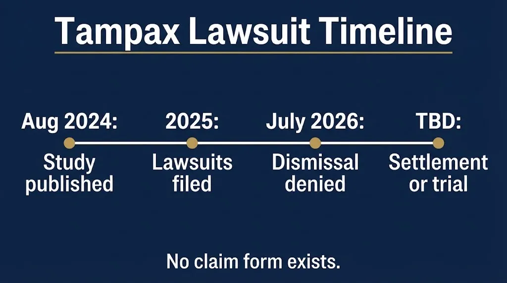 Timeline of Tampax lawsuit from 2024 study through July 2026 dismissal denial with no settlement yet.