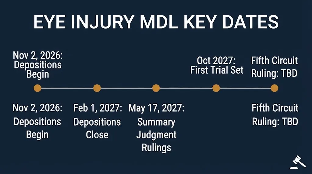 Timeline of Taxotere lawsuit attorney key dates for the eye injury MDL from November 2026 to October 2027