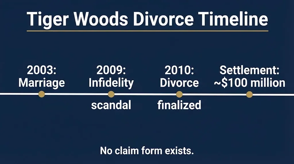 Timeline of Tiger Woods divorce from 2003 marriage through 2010 finalized settlement of $100 million.