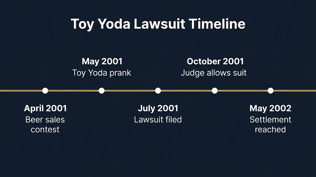 Timeline of Toy Yoda lawsuit from April 2001 contest to May 2002 settlement.