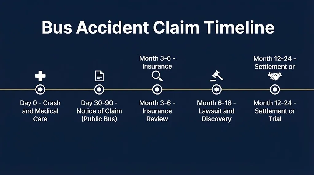 Timeline of bus accident lawsuit stages from crash and medical care through Notice of Claim, discovery, and settlement.