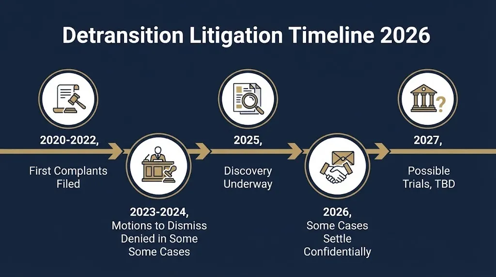 Timeline of detransition litigation showing filed complaints, dismissed motions, discovery, settlements, and possible trials.