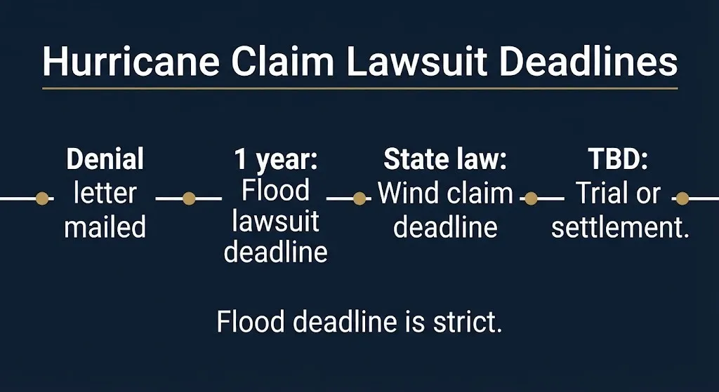 Timeline of hurricane claim lawsuit deadlines including one-year flood deadline and state wind claim rules.