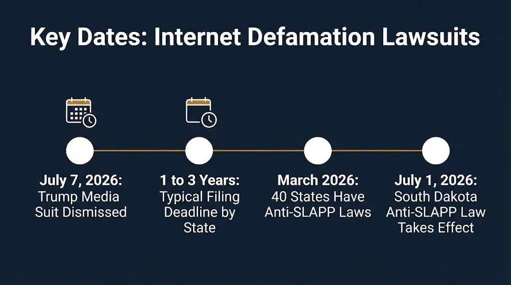 Timeline of key 2026 dates and deadlines relevant to filing an internet defamation lawsuit.