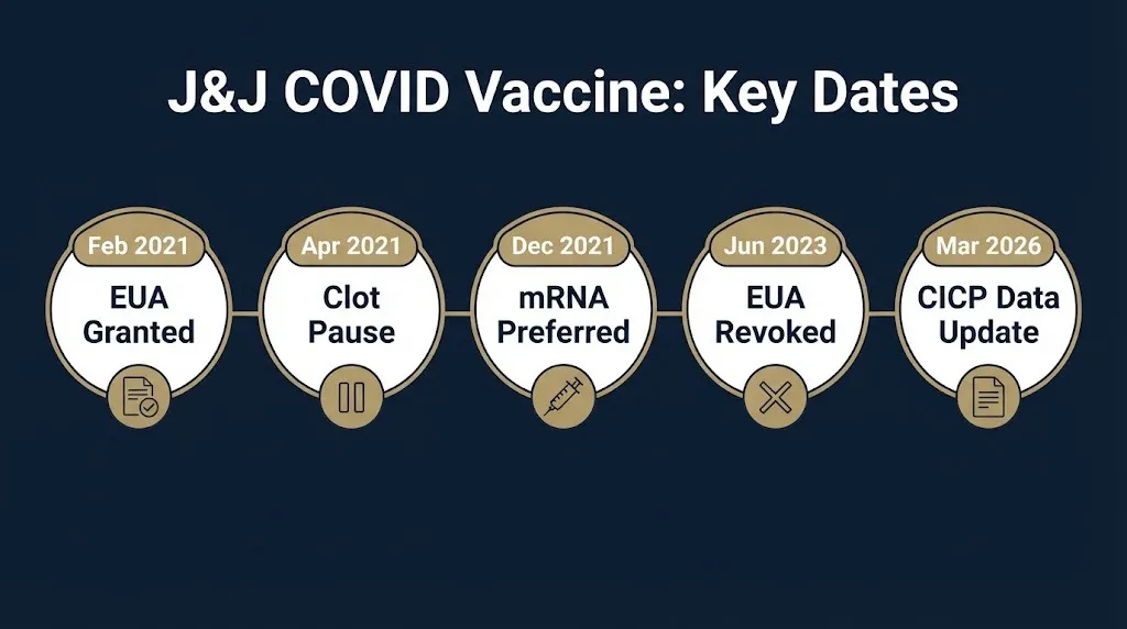 Timeline of key Johnson & Johnson COVID vaccine dates relevant to the ongoing vaccine lawsuit question.