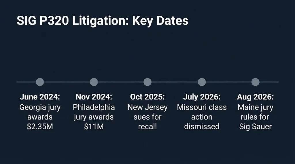 Timeline of key SIG Sauer P320 lawsuit dates and verdicts from 2024 through 2026.